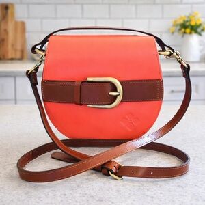 Patricia Nash Coral & Tan Leather Buckle Saddle Crossbody Bag